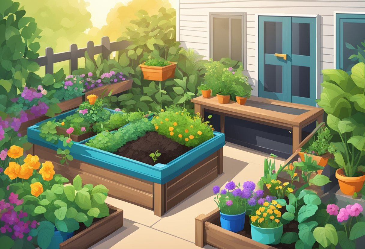 Lush garden with various plants, tools, and DIY projects. A compost bin and raised beds show sustainable practices. Bright colors and clean lines