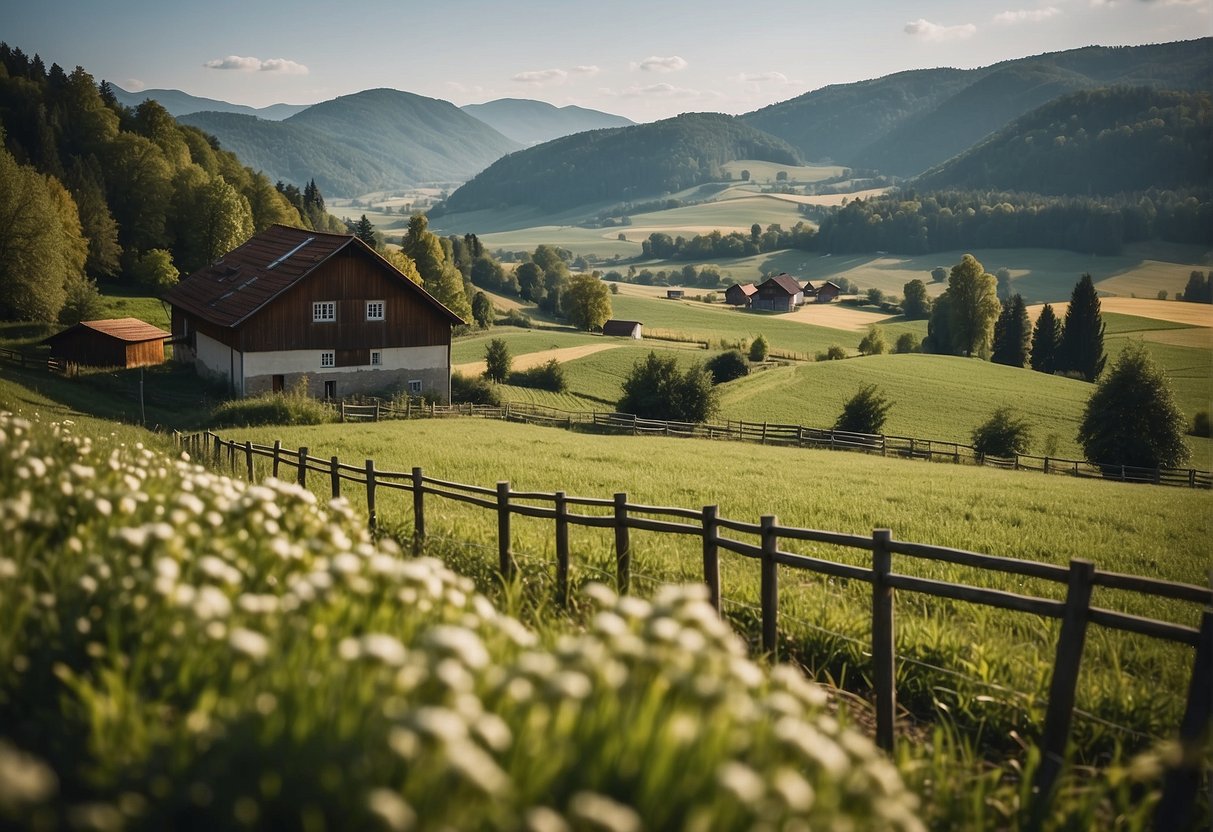 A peaceful, scenic bio farm in Göstling an der Ybbs, Niederösterreich. Green fields, a rustic farmhouse, and a serene atmosphere