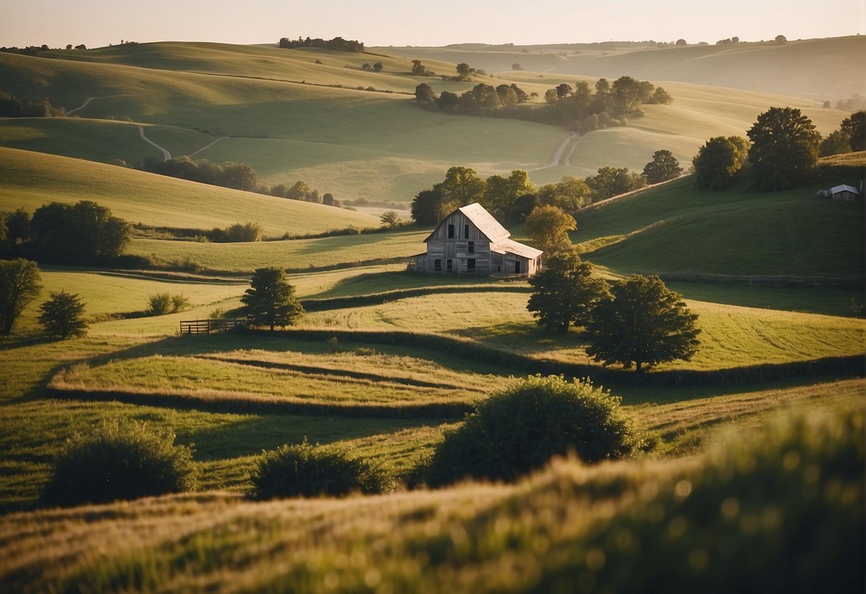 A peaceful farm landscape with rolling hills, a quaint farmhouse, grazing animals, and a clear sky