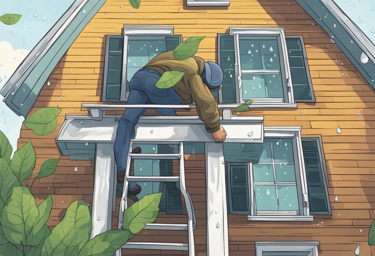A ladder leaning against a house, with a person's hand reaching up to clear leaves from a gutter. Raindrops falling from the sky