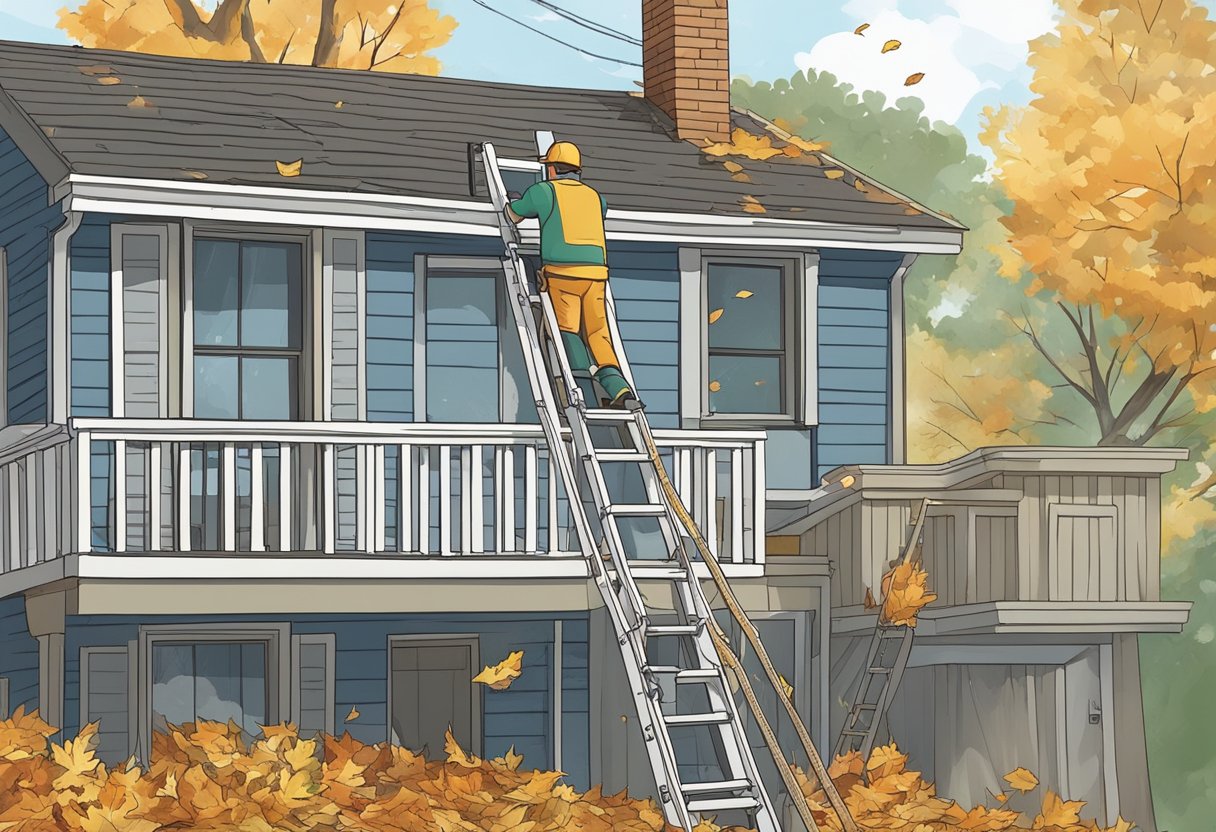 A ladder propped against a house, with a person's hand holding a high-pressure hose to clean out the gutters. Leaves and debris falling to the ground