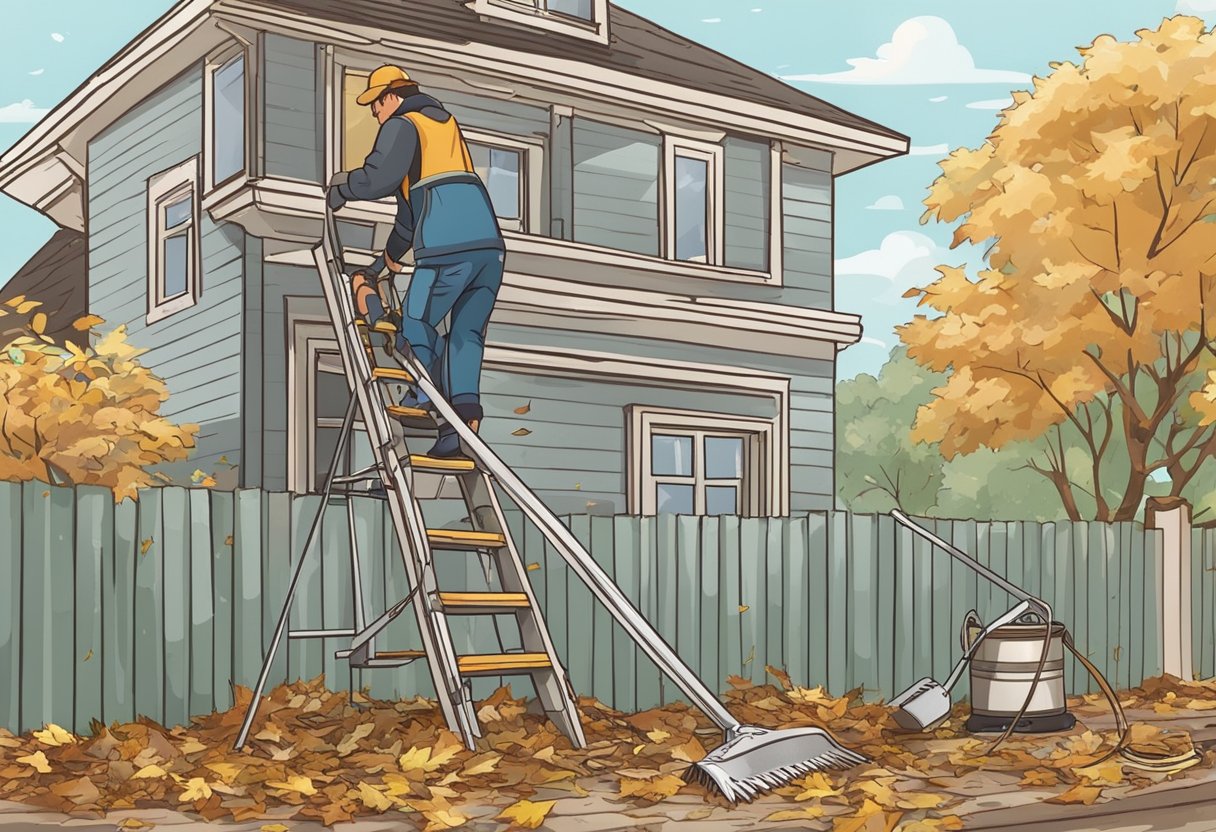 A ladder leaning against a house, with a person cleaning gutters. Leaves and debris scattered on the ground. Testimonials and success stories displayed nearby