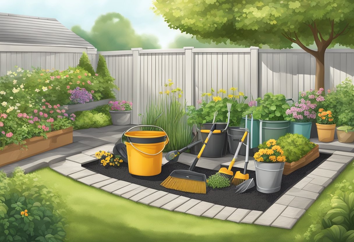 A well-maintained garden with proper tools, gloves, and safety equipment. Clear pathways and organized storage for gardening supplies