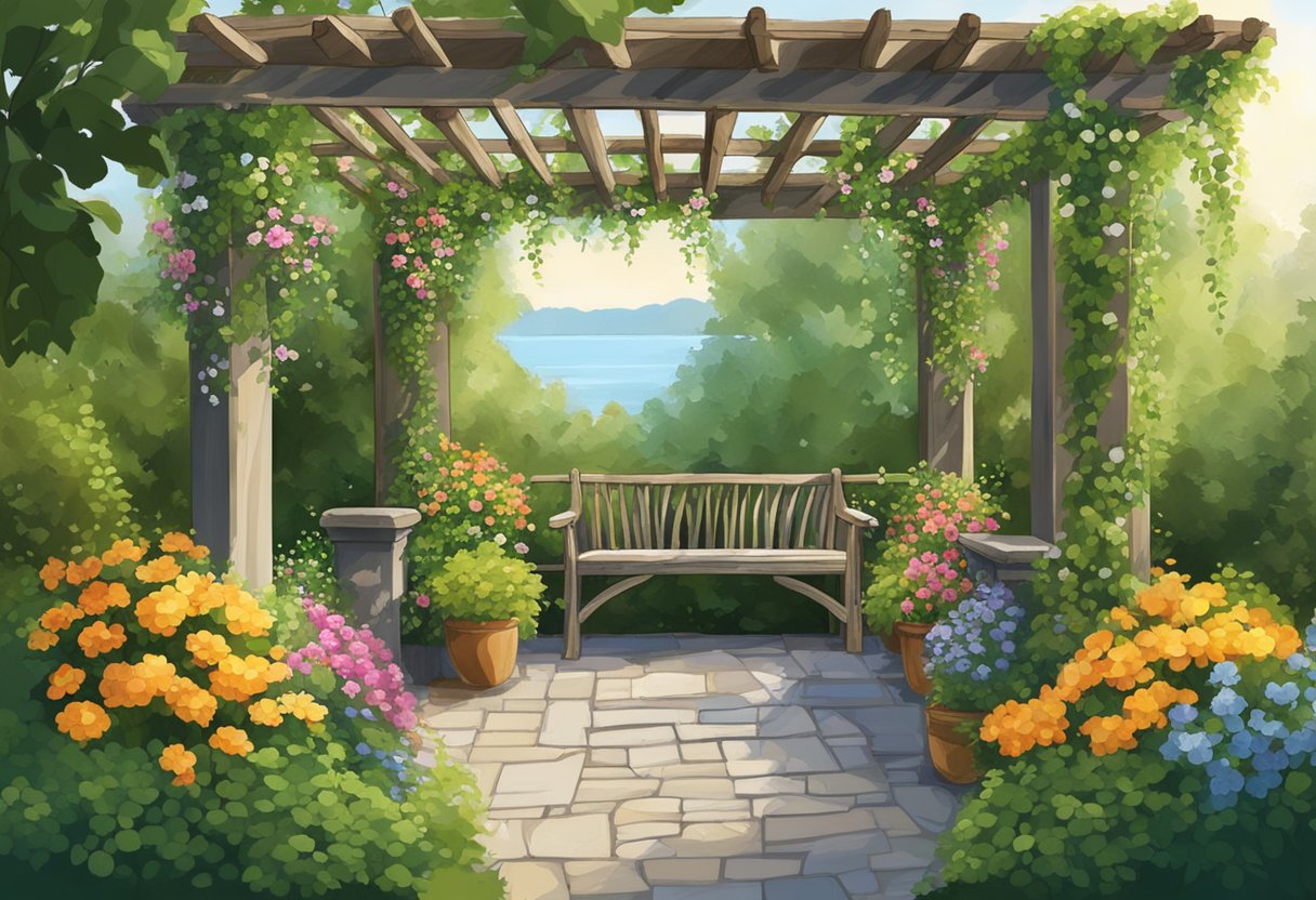 A rustic pergola in an Irish garden, draped with climbing plants and surrounded by lush greenery and colorful flowers