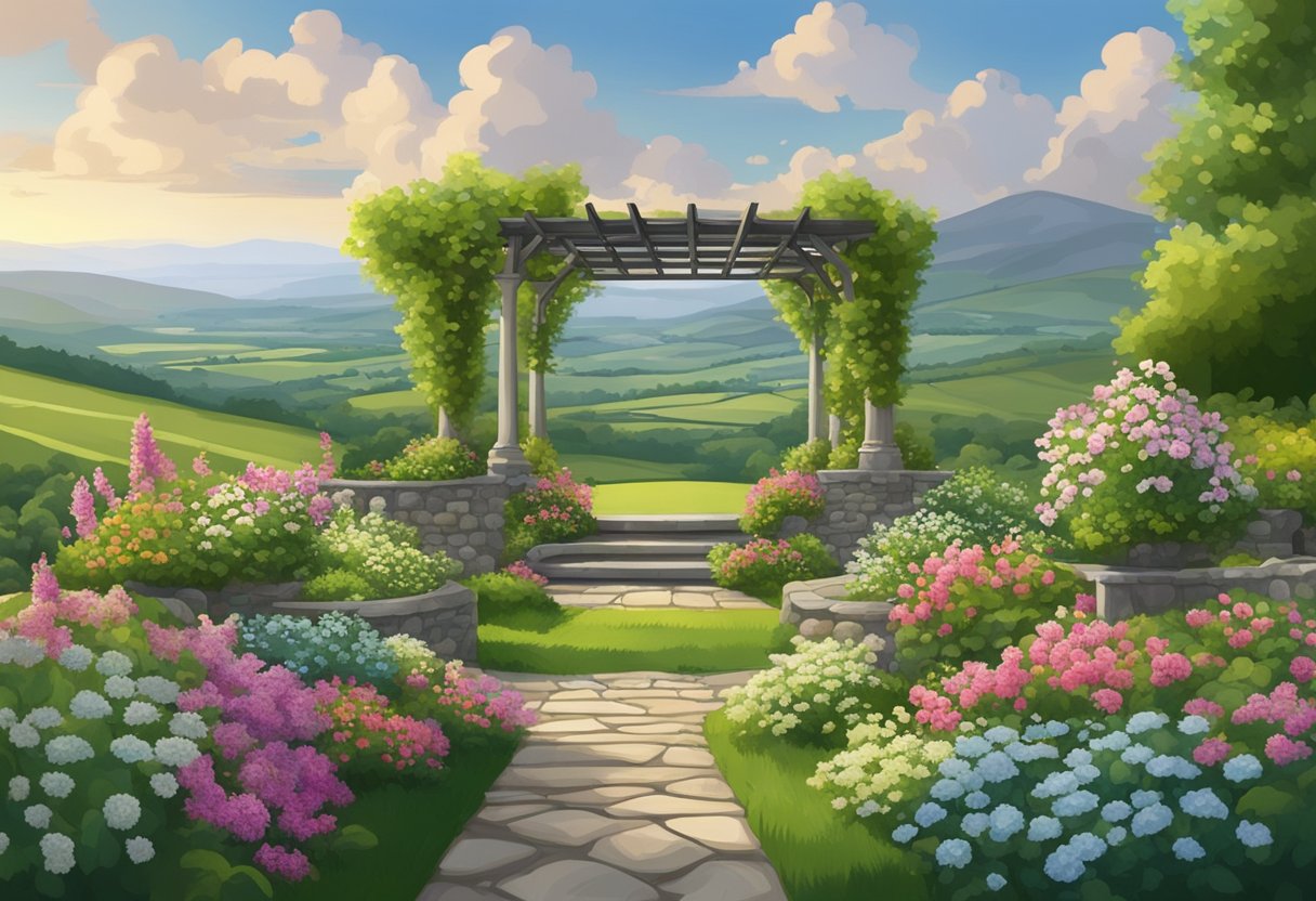 A lush garden in Ireland with a stone pergola surrounded by blooming flowers and greenery, with a backdrop of rolling hills and a cloudy sky