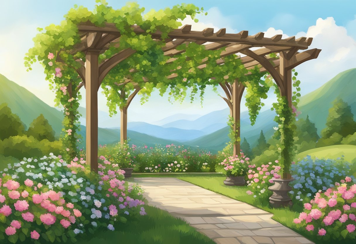 A wooden pergola stands in a lush Irish garden, surrounded by blooming flowers and climbing vines, with a backdrop of rolling green hills