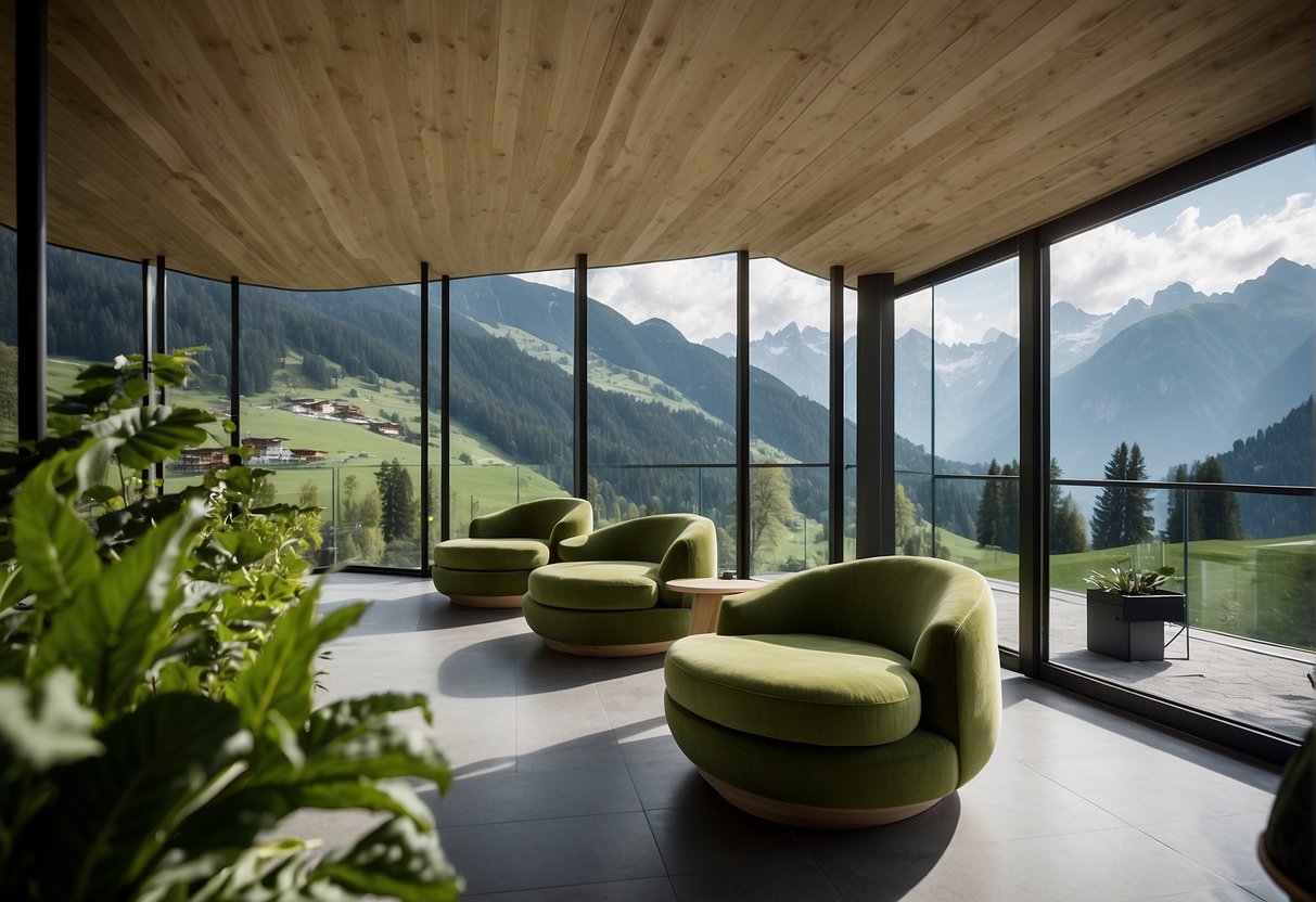Lush green mountains surround a modern alpine wellness hotel in Tirol, showcasing sustainable design and natural beauty