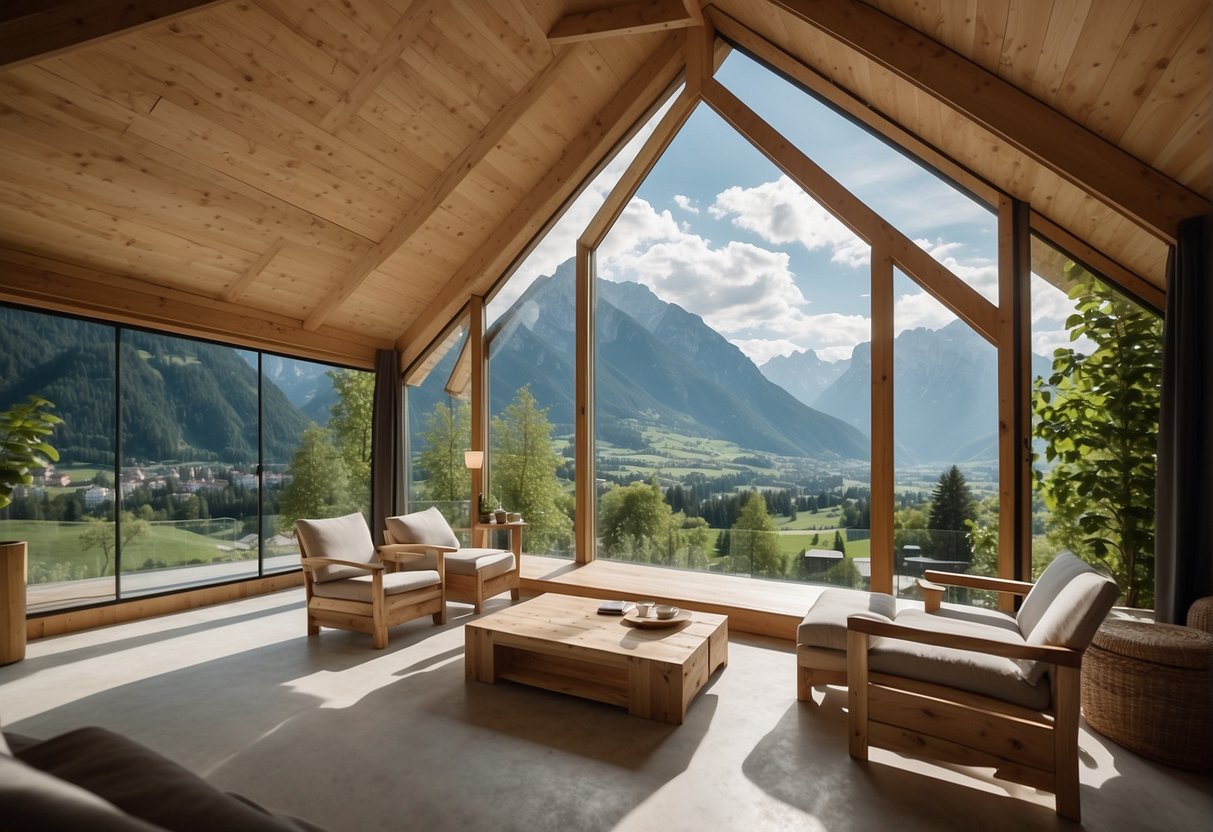 Lush green mountains surround a tranquil eco-friendly wellness hotel in Tirol, Austria. The hotel's sustainable philosophy is evident in its design and natural surroundings