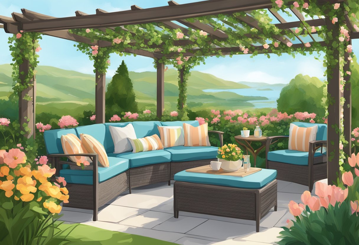 A cozy outdoor pergola in Ireland, surrounded by lush greenery and blooming flowers, with comfortable seating and soft lighting