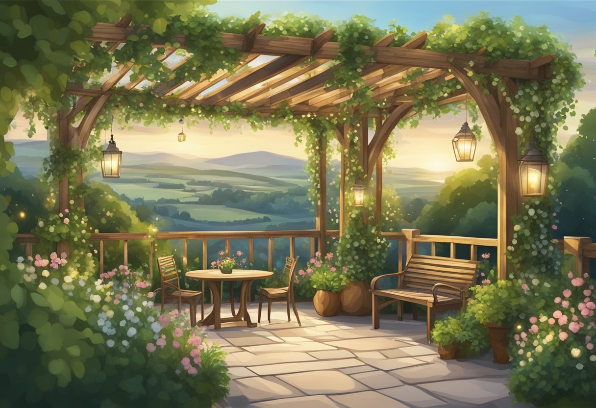 A lush garden with a wooden pergola, adorned with climbing plants and hanging fairy lights, overlooking a serene Irish landscape