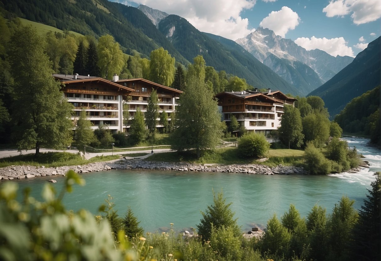 A serene mountain landscape with a modern eco-friendly hotel nestled among lush green trees and a flowing river in the Austrian Alps