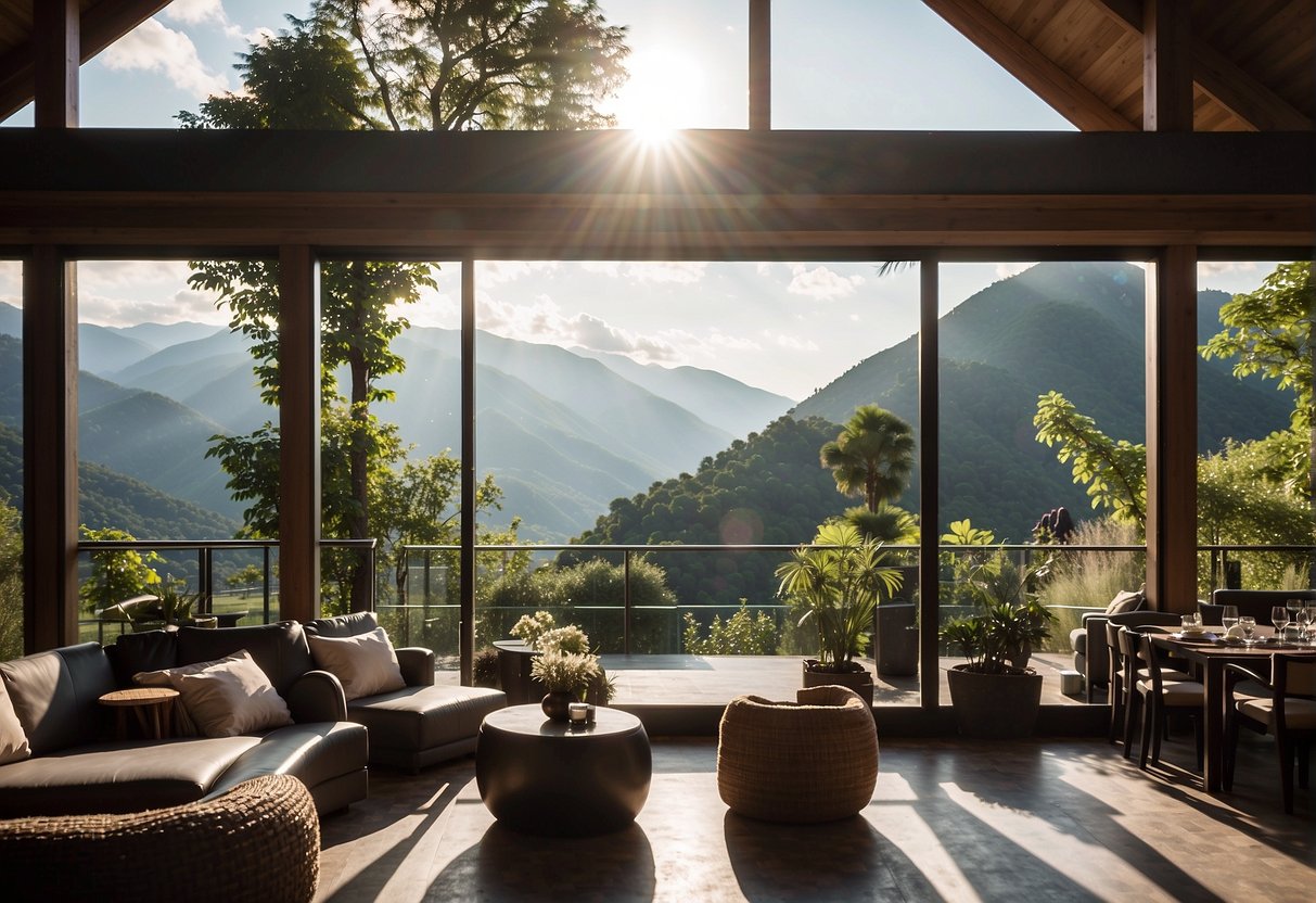 A serene mountain landscape with a modern, eco-friendly hotel nestled among lush greenery, showcasing sustainable culinary delights and organic wellness offerings