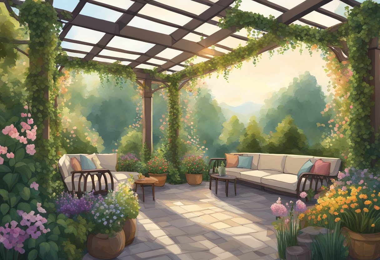 A lush garden pergola in Ireland, adorned with climbing vines and flowers, surrounded by cozy seating and soft lighting, creating a serene and inviting atmosphere