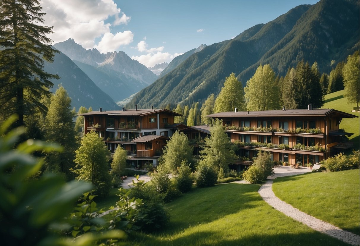 Lush green mountains surround a serene bio wellness hotel in Tirol, offering sustainable nature experiences