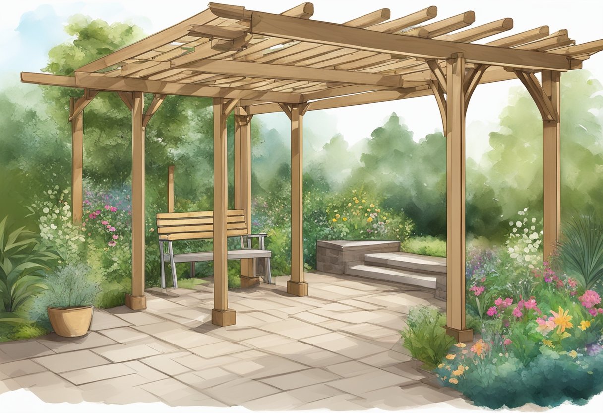 A wooden pergola being constructed in a lush garden setting, with tools and materials laid out, and a clear step-by-step process being followed
