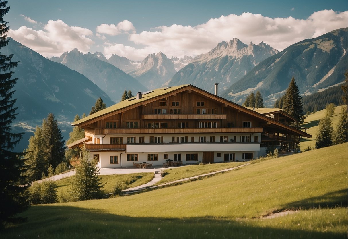 A serene mountain landscape with a wooden eco-friendly hotel nestled among trees in Tirol, Austria
