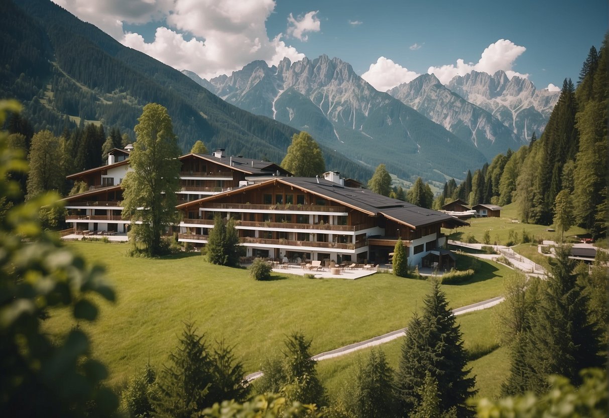 A serene mountain landscape with a modern eco-friendly hotel nestled among lush greenery and surrounded by pristine nature in Tirol, Austria