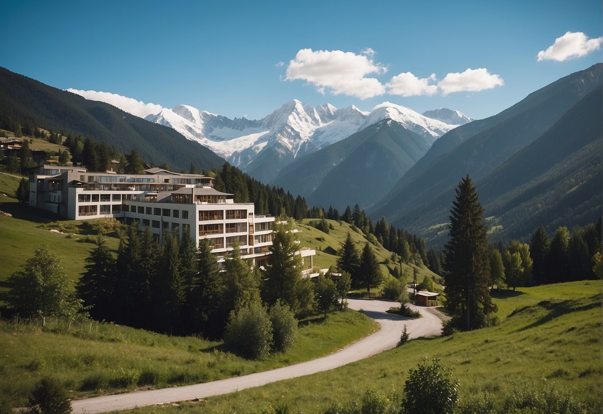 A serene mountain landscape with a modern eco-friendly hotel nestled among lush greenery, surrounded by clear blue skies and snow-capped peaks