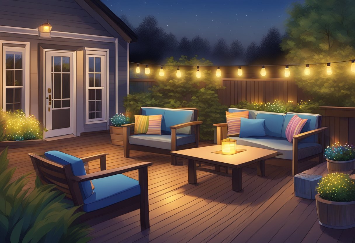 Colorful decking lights illuminate a cozy outdoor space, casting a warm and inviting glow over the seating area and creating a festive and welcoming atmosphere