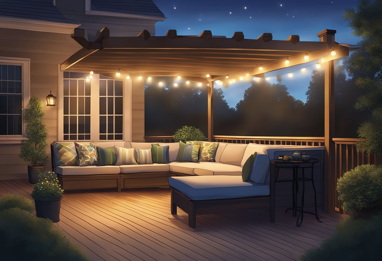 A deck at dusk with soft, warm lighting illuminating the perimeter. A mix of overhead and ground-level lights create a cozy, inviting atmosphere for outdoor gatherings