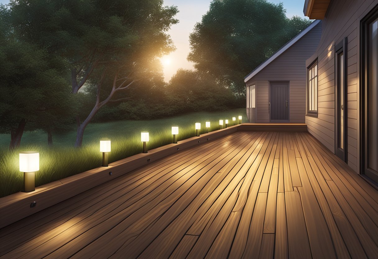 A row of solar-powered decking lights illuminating a wooden deck, surrounded by energy-efficient LED bulbs integrated into the landscape
