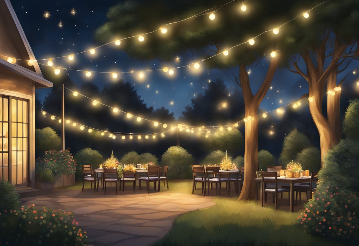 A backyard adorned with string lights, casting a warm glow over a festive gathering. The lights are draped over trees and wrapped around poles, creating a magical ambiance for special occasions