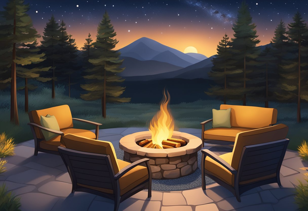 A crackling fire pit surrounded by cozy seating, casting a warm glow on a starry night