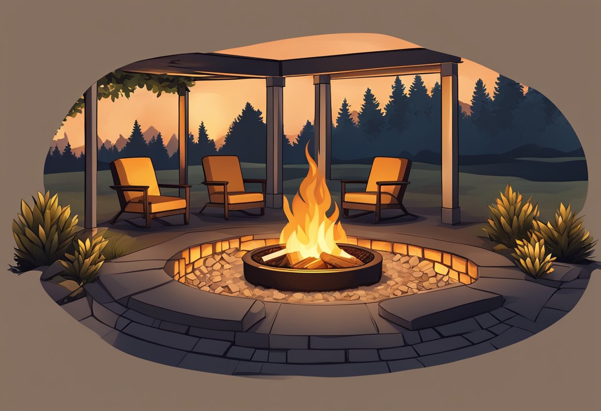 A cozy fire pit surrounded by comfortable seating, with a stack of firewood nearby. The flames flicker and dance, casting a warm glow on the surrounding area