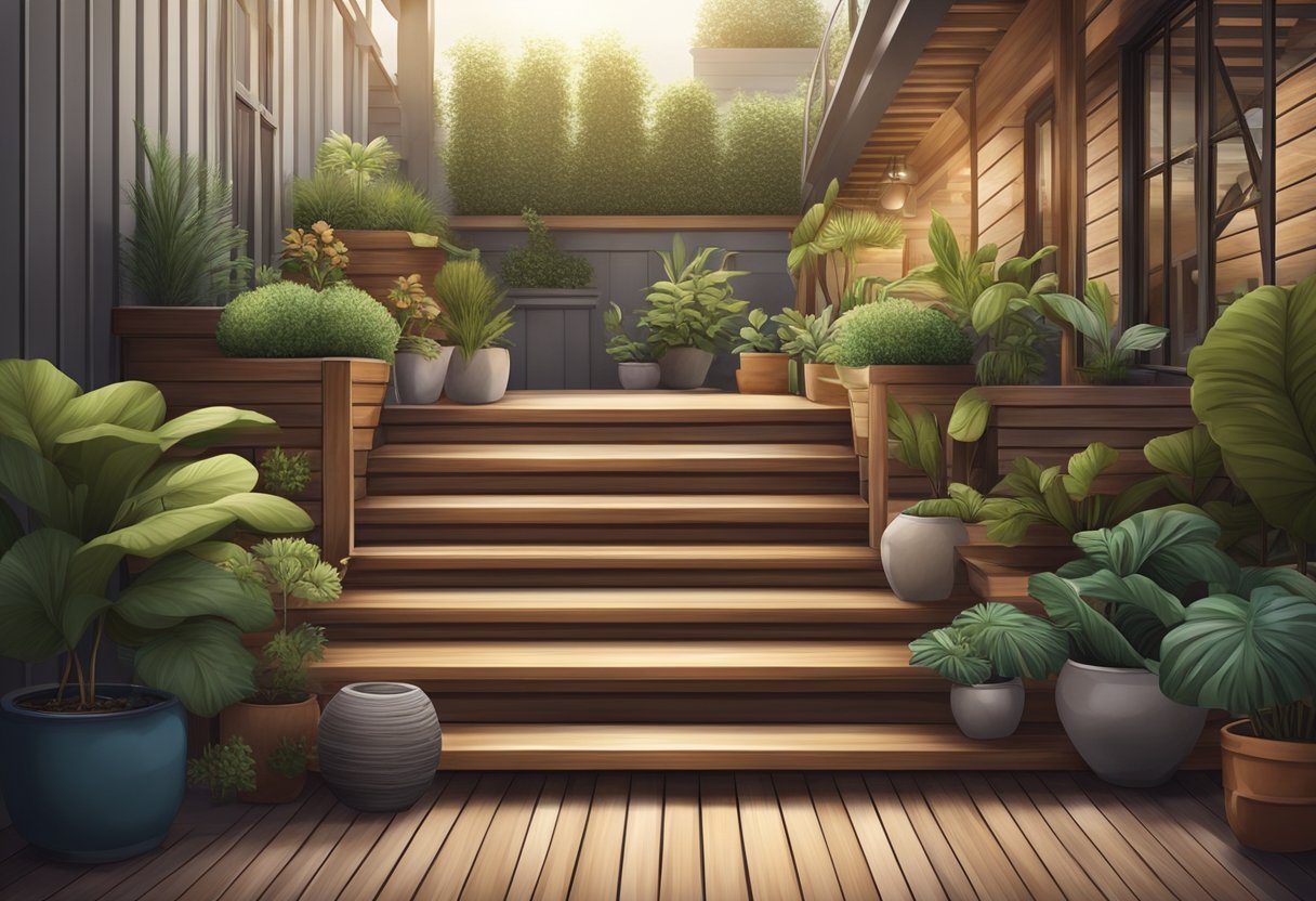 A wooden staircase with integrated lighting leading to a cozy outdoor seating area surrounded by potted plants and a decorative railing