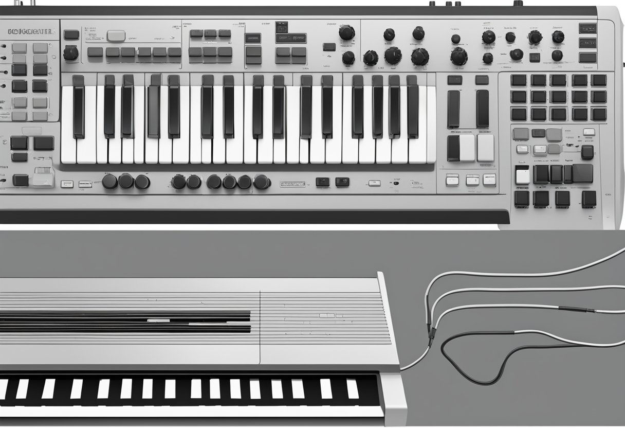 A MIDI controller and traditional keyboard side by side, with wires connecting the controller to a computer. The controller has various knobs and sliders, while the keyboard has traditional piano keys