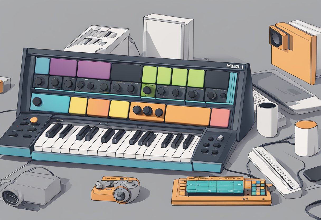 A MIDI controller sits next to traditional keyboards, showcasing its unique features
