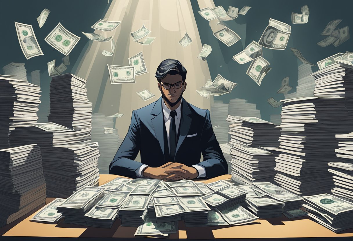 A shadowy figure hovers over a table covered in documents and financial charts, a glint of uncertainty in their eyes. A stack of money sits tantalizingly close, but the figure hesitates, unsure of which path to take