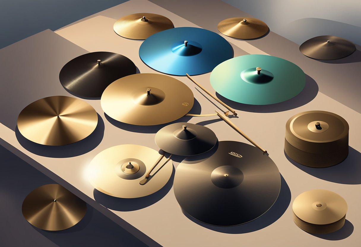 Various types of cymbals lay on a table. A pricey one catches the light
