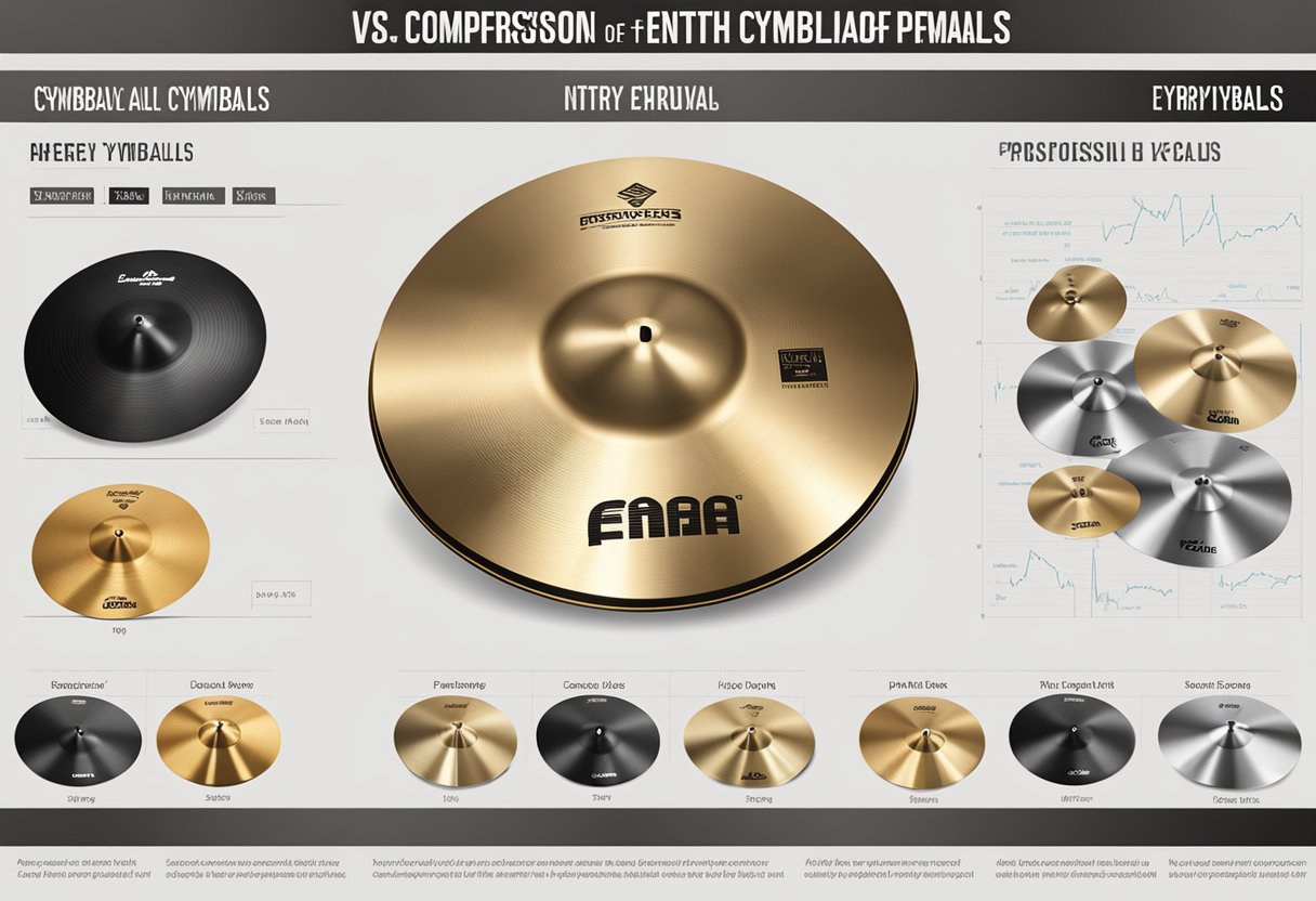 A comparison of entry-level vs. professional cymbals. Show various types of cymbals with price tags. Depict the question "Are expensive cymbals worth it?"