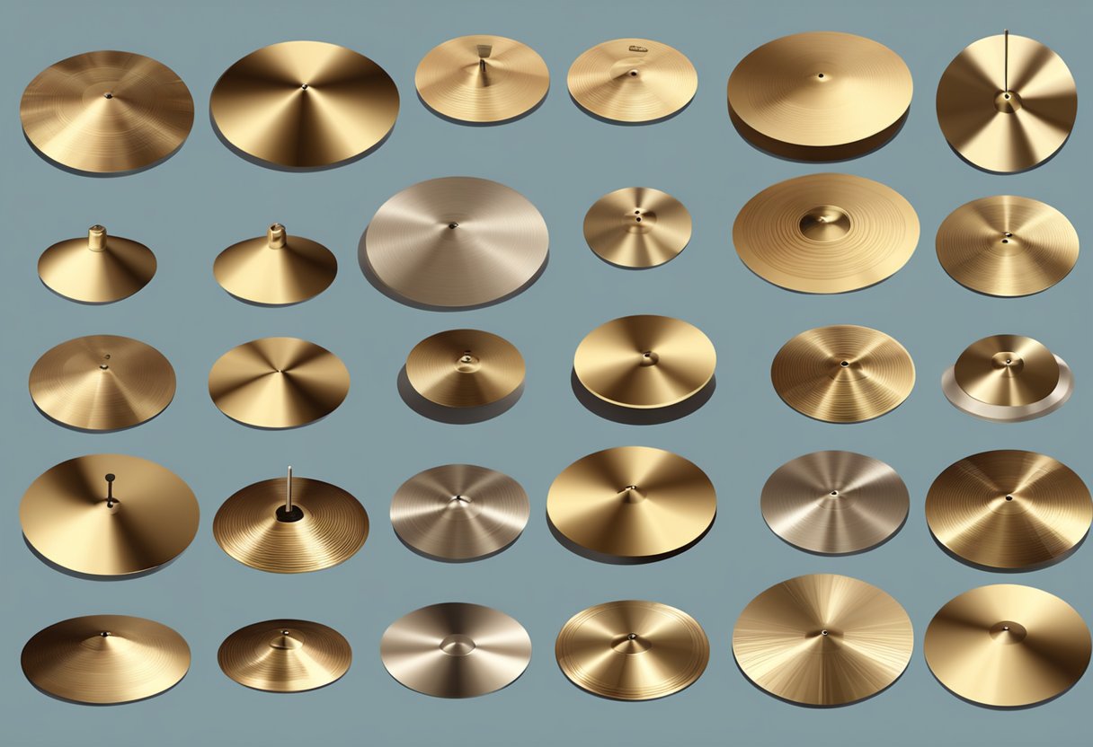 Different types of cymbals laid out for selection. A mix of sizes and materials. Question of value in expensive options
