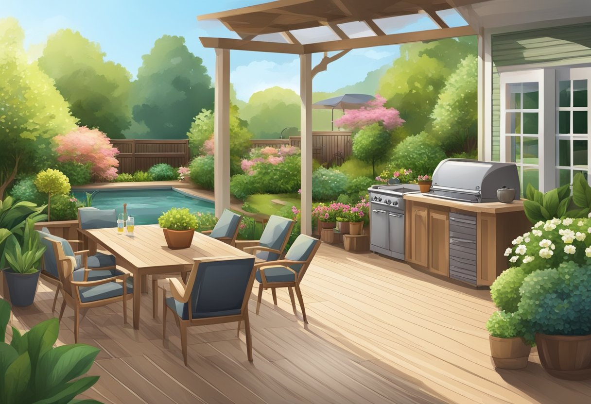 A backyard with a spacious composite deck, surrounded by potted plants and outdoor furniture, overlooking a serene garden or natural landscape