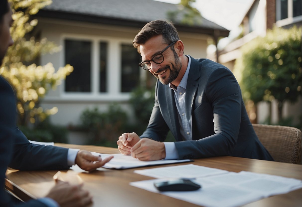 A house and a mortgage consultant discussing loan basics and assistance