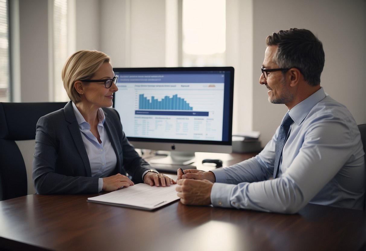 A person sitting at a desk, speaking with a loan consultant. Documents and a computer are on the desk. The consultant is explaining the process of applying for a mortgage loan