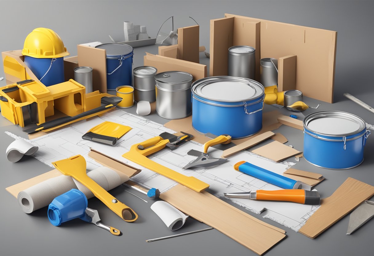 A house under construction with tools, paint cans, and a blueprint scattered around. Signs of mistakes in home renovation projects are evident