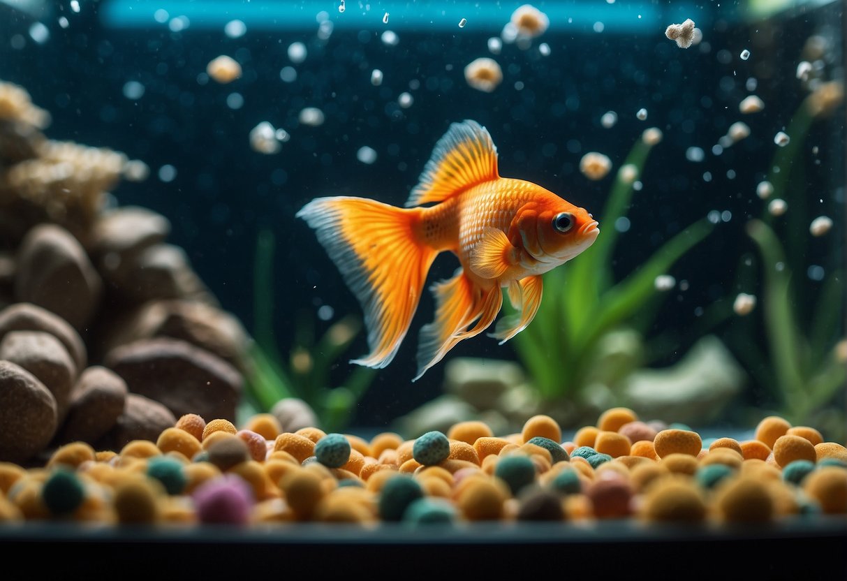 A goldfish swims towards a pile of betta food pellets in a fish tank