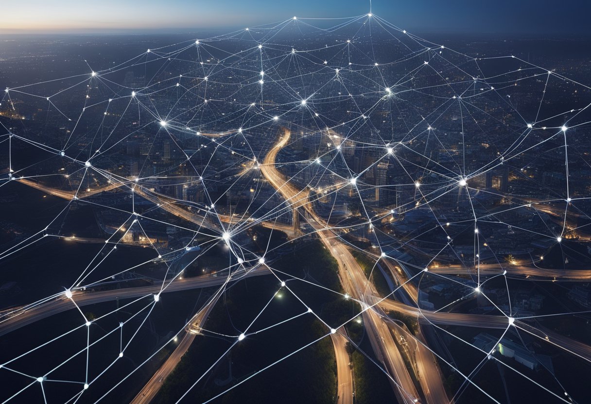 A web of interconnected roads leading to a towering website, symbolizing the importance and benefits of link building in SEO growth