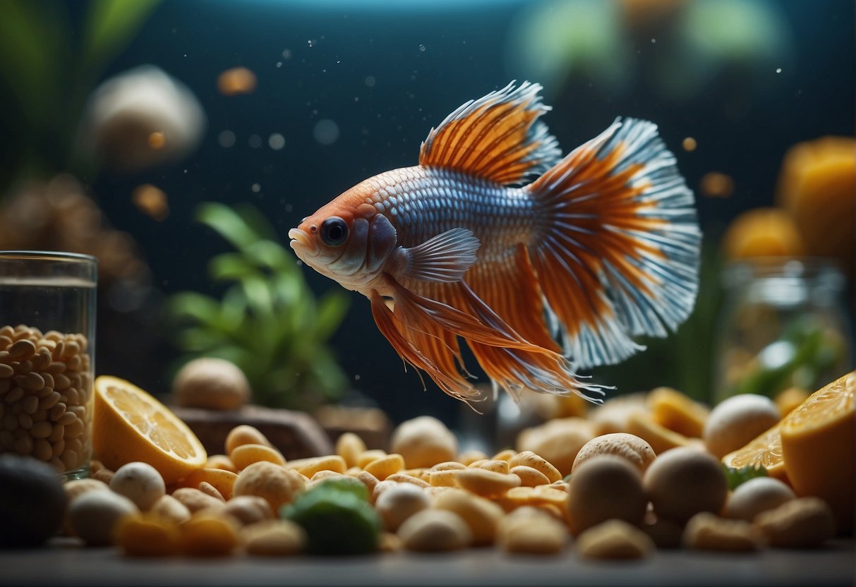 A betta fish swims towards a pile of betta food, surrounded by various ingredients. A goldfish watches from a distance, curious about the food's composition