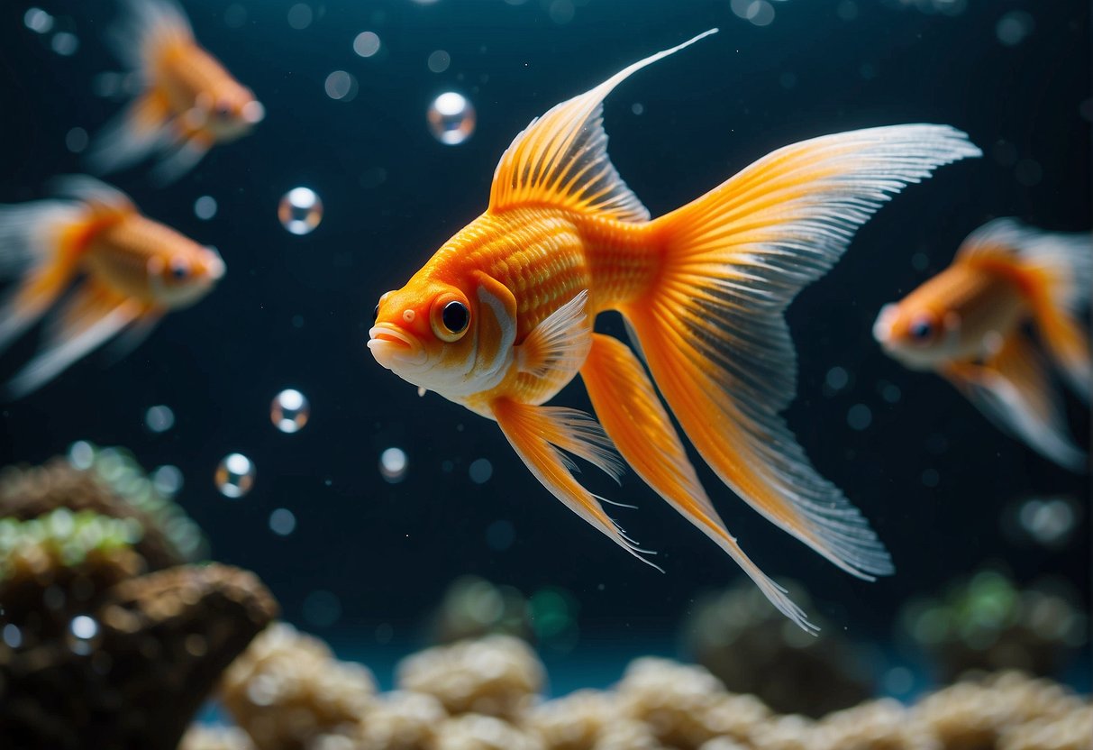 A goldfish swims towards floating betta food pellets in a clear aquarium. The fish eagerly nibbles on the food, while bubbles rise to the water's surface