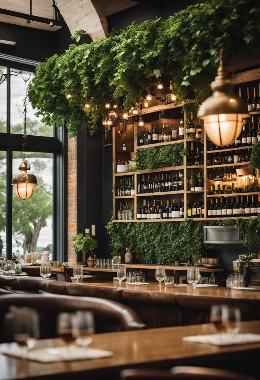 A cozy wine bar bistro with a rustic oak interior and lush ivy accents, showcasing a global culinary experience in Waco