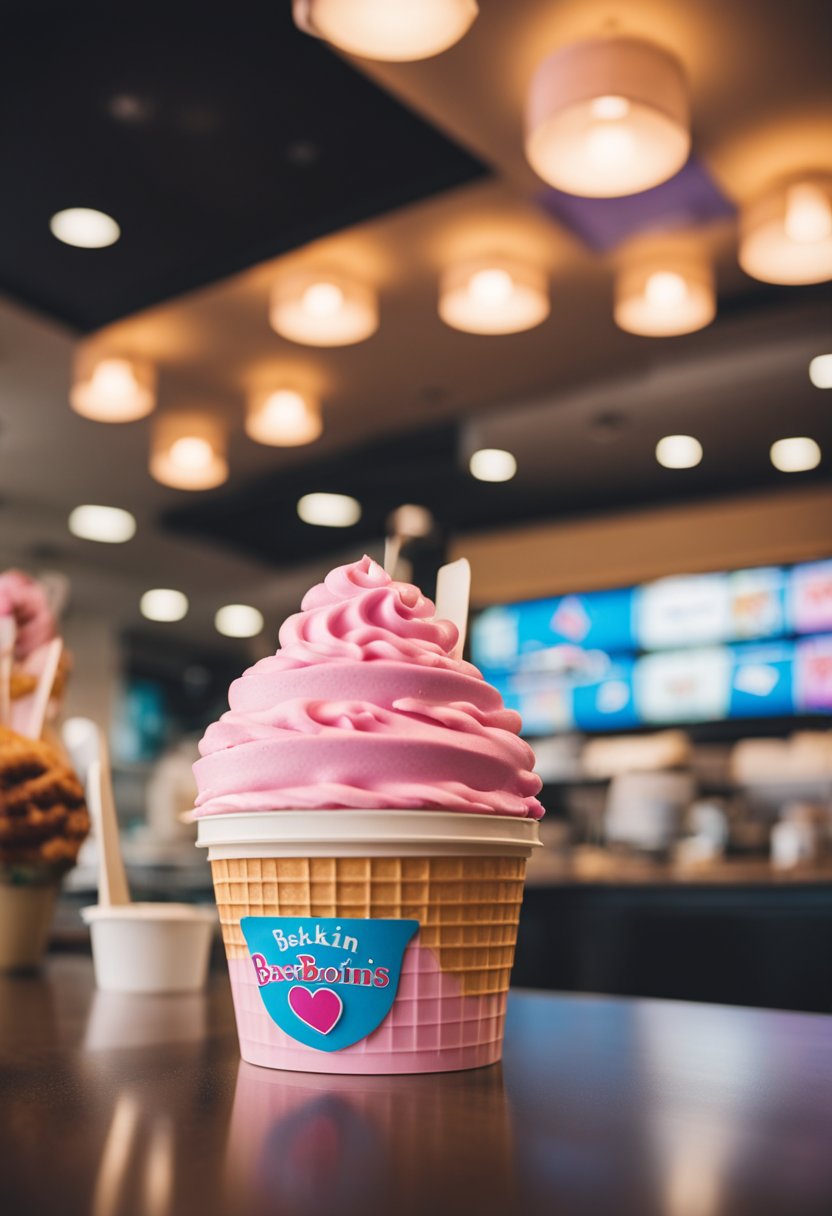 A vibrant Baskin-Robbins restaurant in Waco, bustling with customers enjoying colorful ice cream treats in a lively and inviting atmosphere