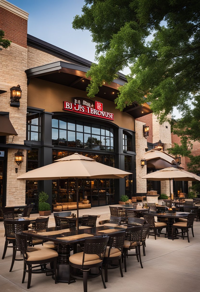 The exterior of BJ's Restaurant & Brewhouse in Waco with a welcoming entrance, outdoor seating, and a vibrant atmosphere