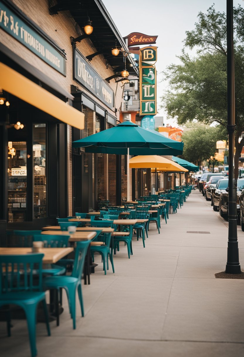 A bustling street lined with diverse international restaurants in Waco, Texas, with colorful signage and outdoor seating