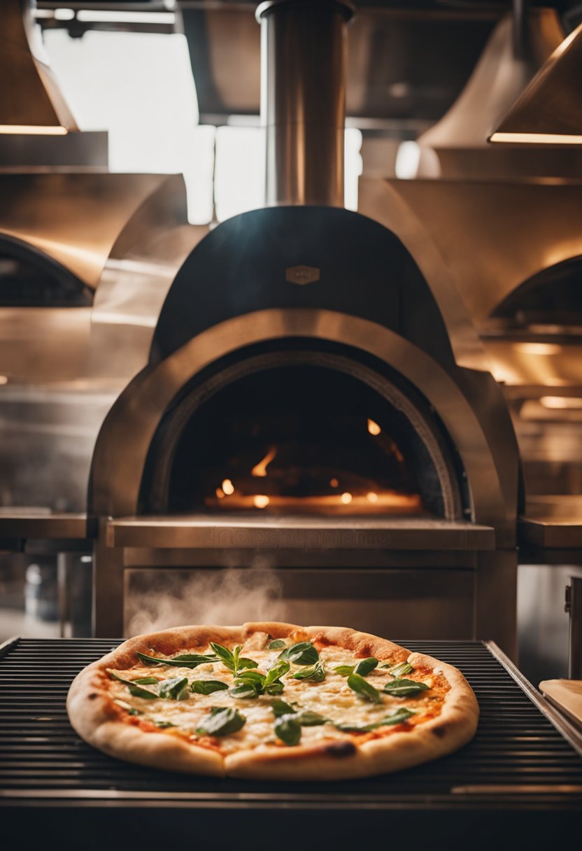 A wood-fired pizza oven sits at the center of a bustling pizzeria, with chefs tossing dough and adding fresh toppings. The aroma of baking pizza fills the air as customers enjoy their meals