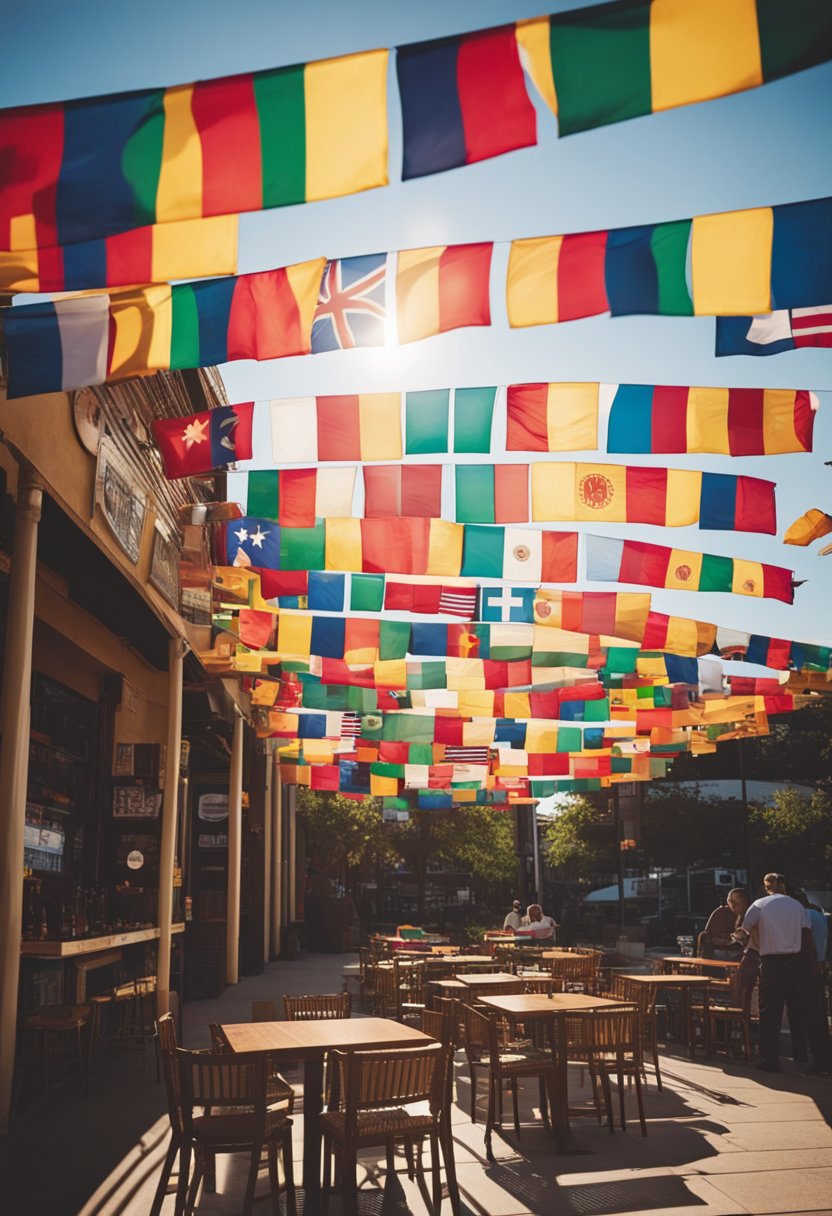A colorful array of international flags flutter in the breeze above a row of diverse restaurants in Waco. The vibrant signage and exotic aromas create a bustling, multicultural dining scene