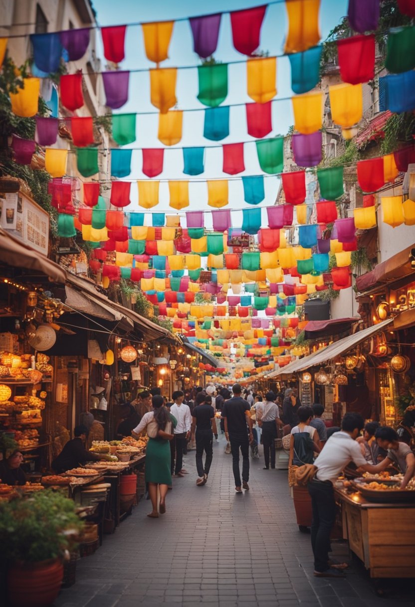 A bustling street lined with colorful international restaurants, each with unique decor and aromas wafting into the air. Patrons sample dishes from around the world, creating a vibrant tapestry of culinary diversity